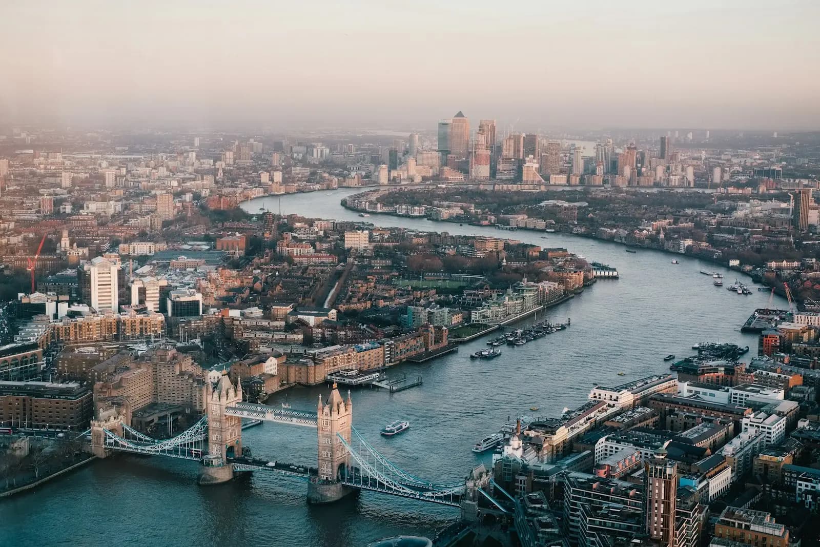 Aerial view of Tower Bridge and the Thames at dawn